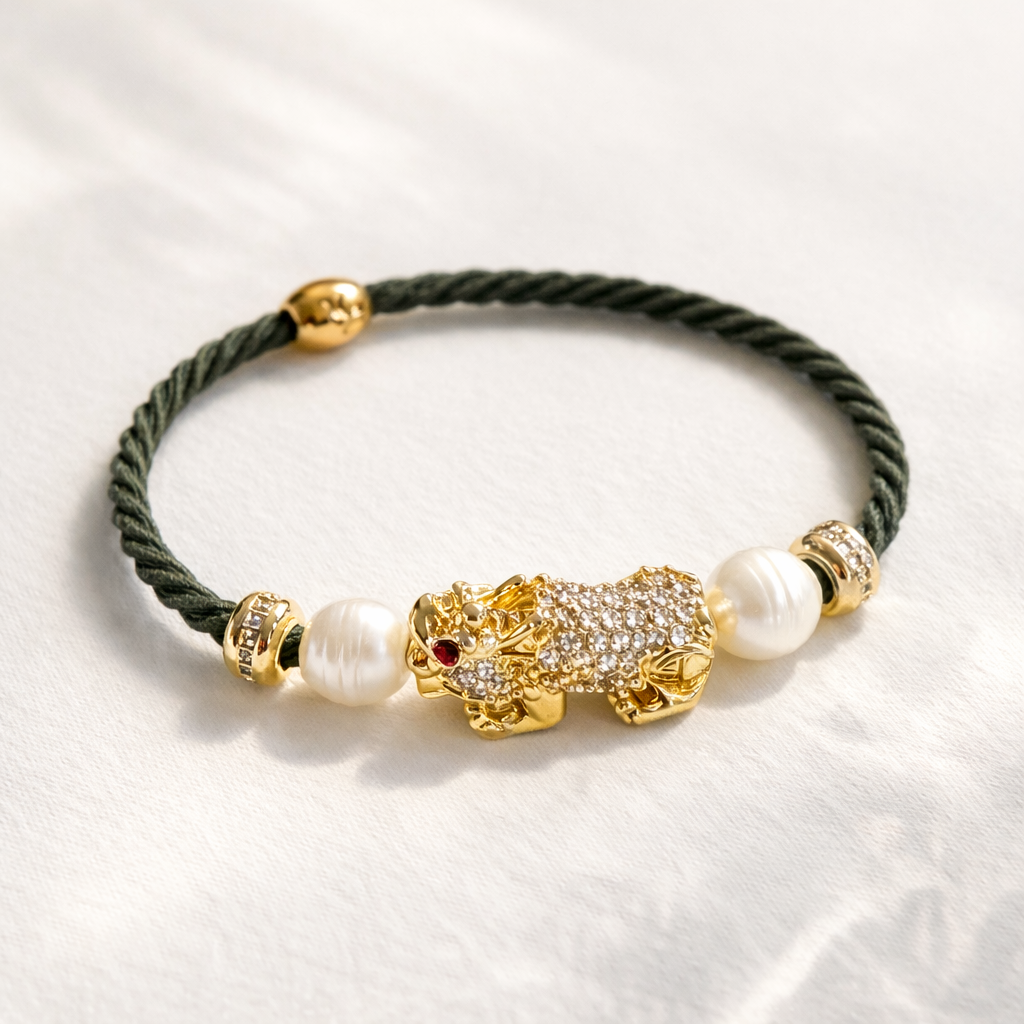 Jeweled hair tie with gold plated and CZ dragon, pearl, and red gemstone accents on a white background