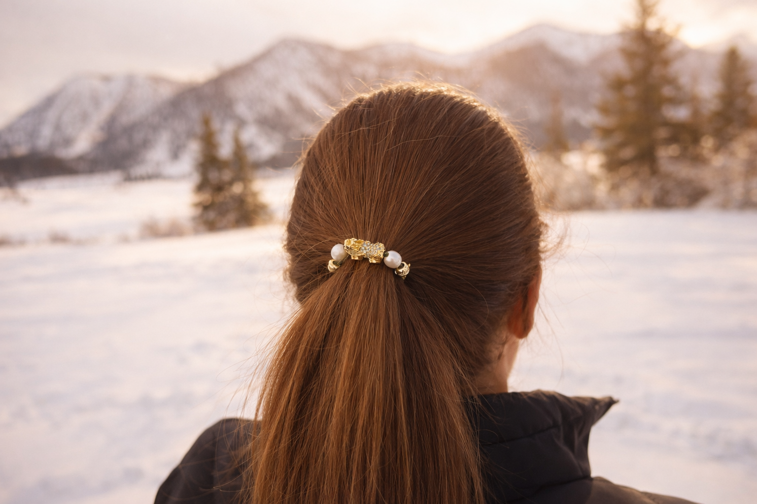 Gold plated dragon, pearl and CZ jeweled hair tie in brunette hair