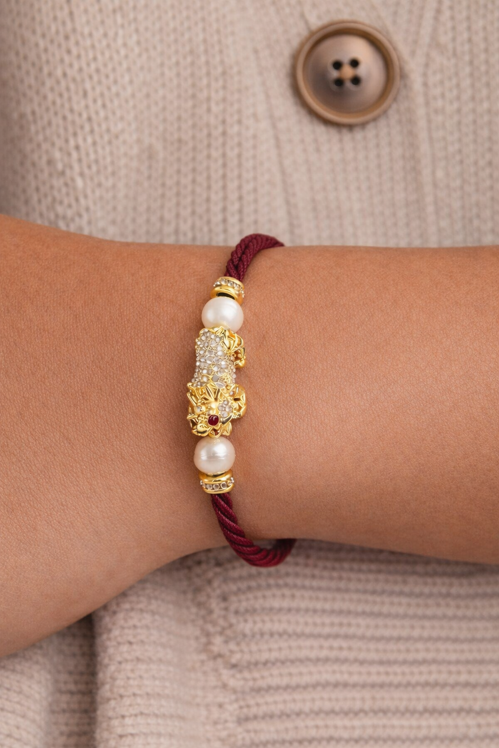 Jeweled hair tie with pearls and gold plated and CZ dragon on a wrist against a beige sweater
