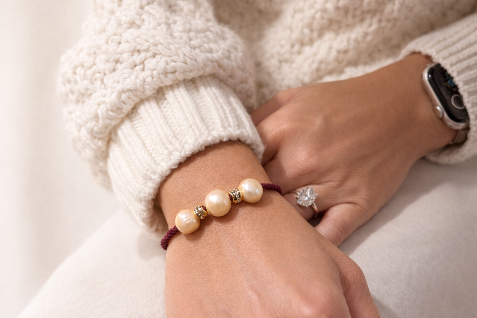 Close up of hand wearing pearl jeweled hair tie as bracelet; burgundy cord