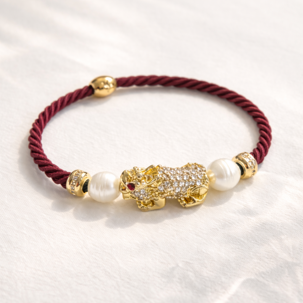 Jeweled hair tie with gold plated dragon charm, pearls, CZ and red cord on a white background