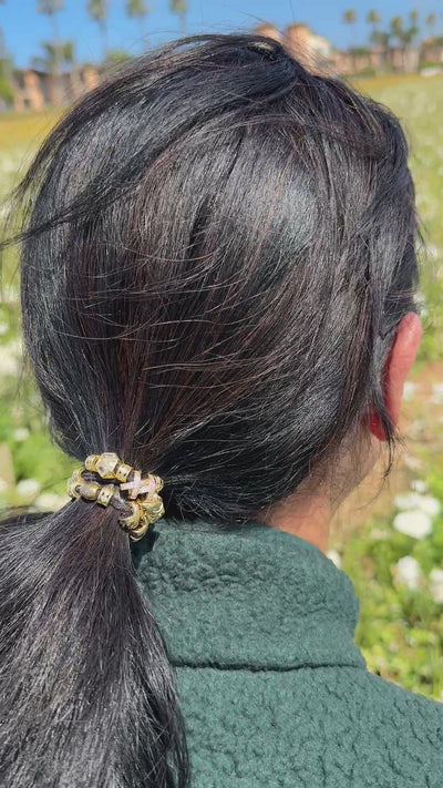 Heavy Metal Yellow Gold plated Statement Bracelet Hair Tie in hair